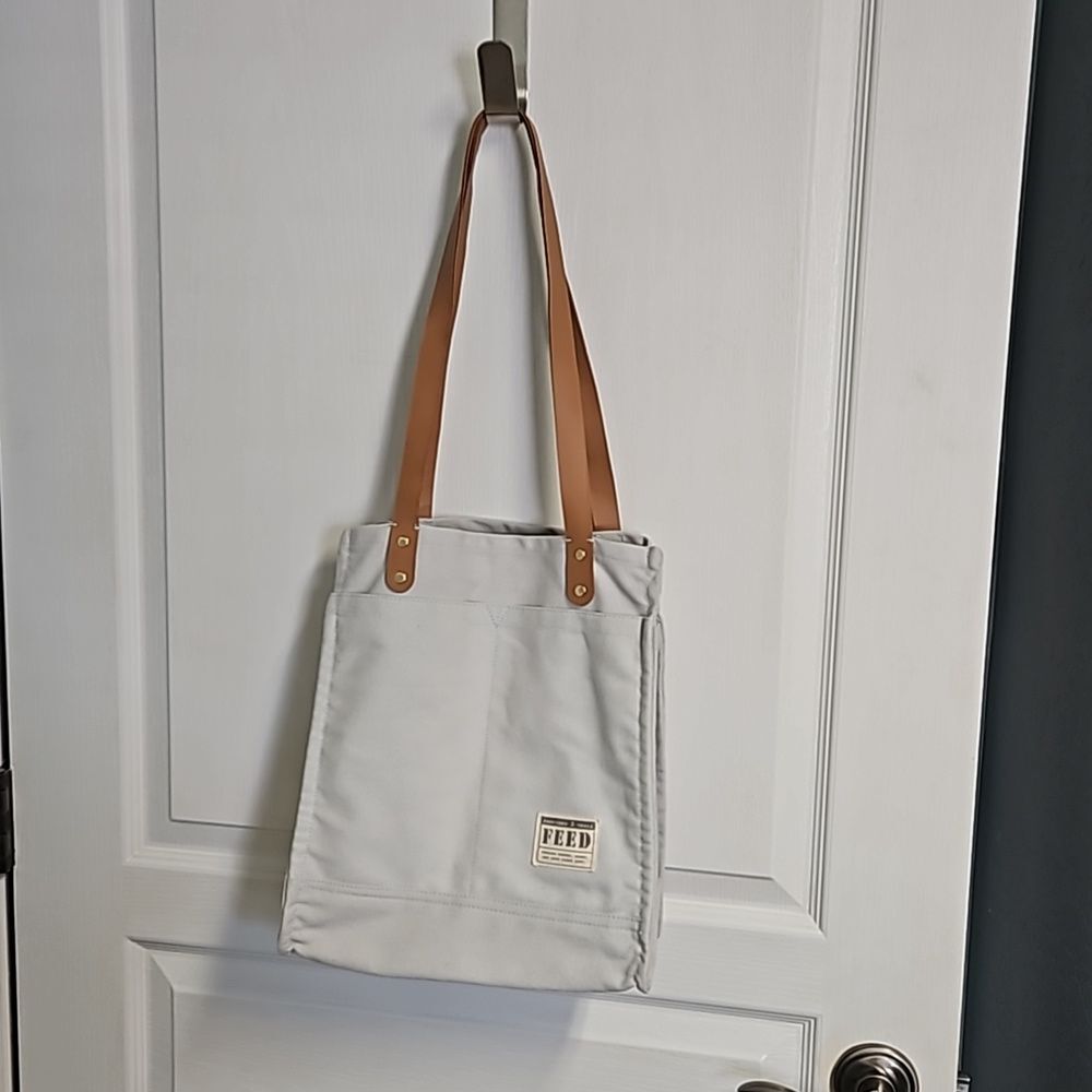 FEED Projects Market Tote Shopper Bag Canvas Multi Pockets Reusable